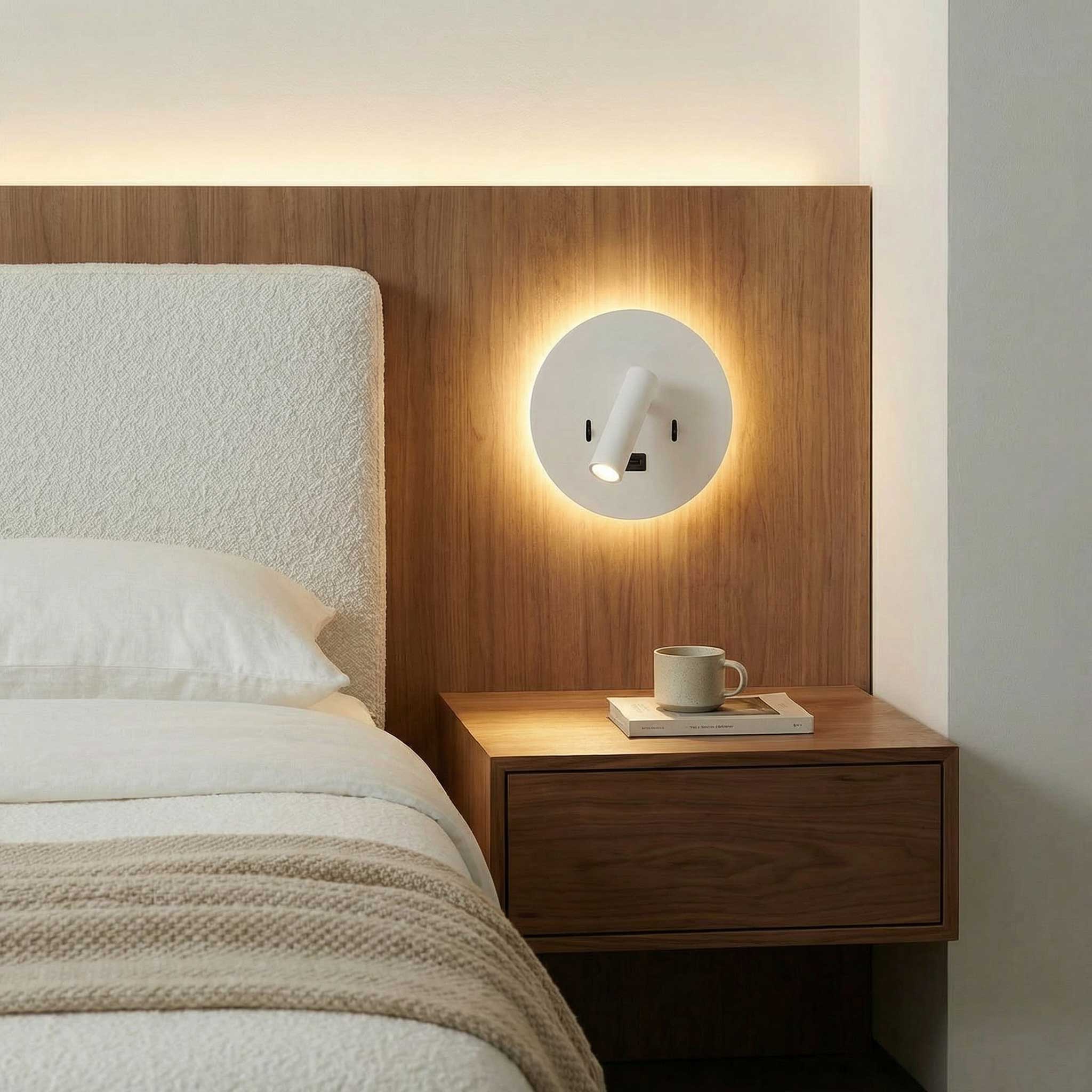 Ambient reading spot LED wall light with USB round