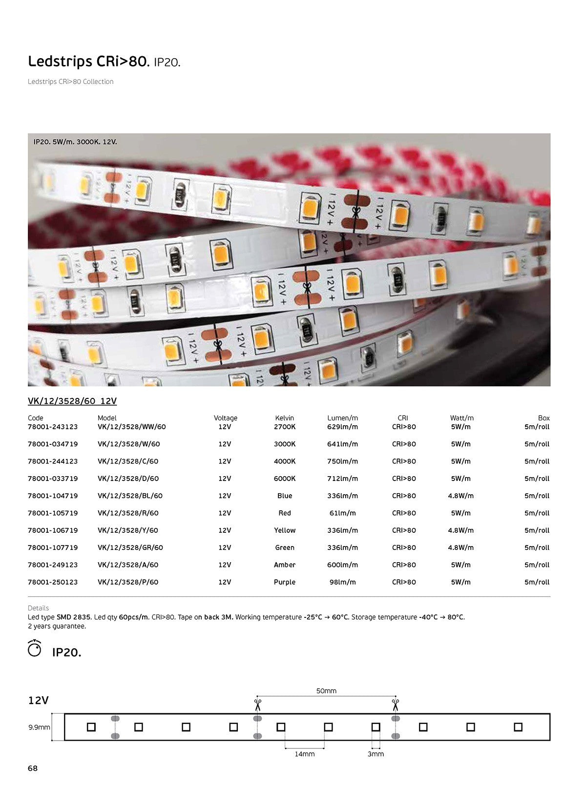 12V LED Strip Light, CRI80, IP20, 3000K (5m)