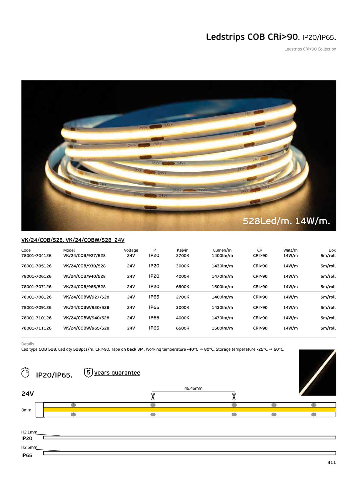 COB LED Strip 24V CRI90 IP20 3000K/4000K Dimmable (5m)