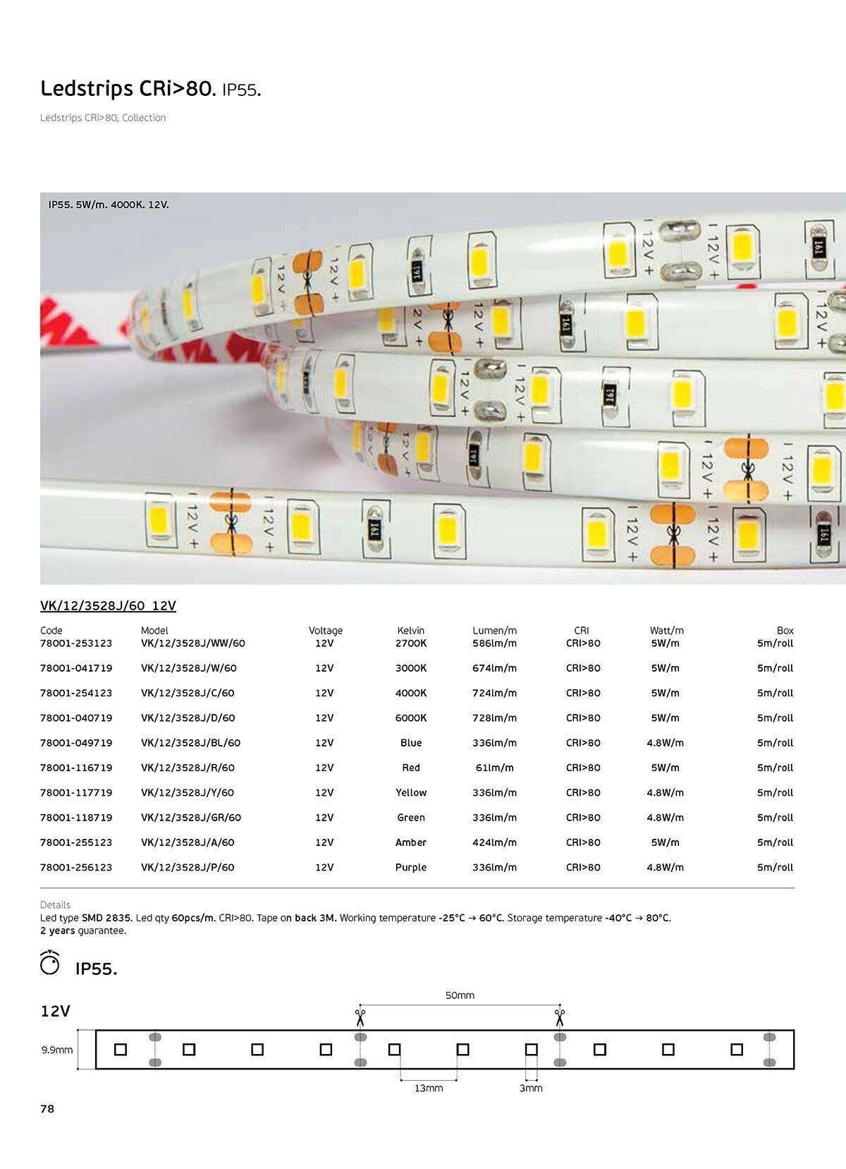 12V LED Strip Light, CRI80, IP55, 6000K (5m)