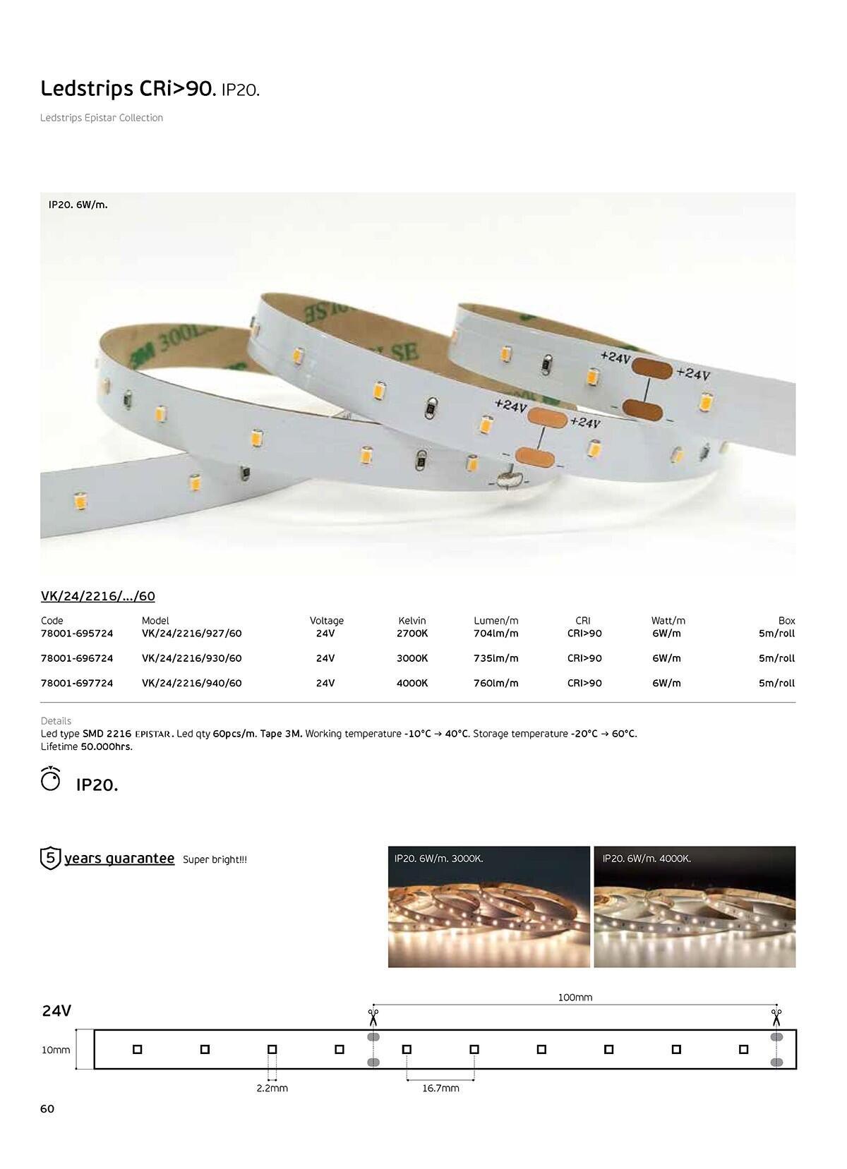 24V LED Strip CRI90 IP20 2700K (5m)