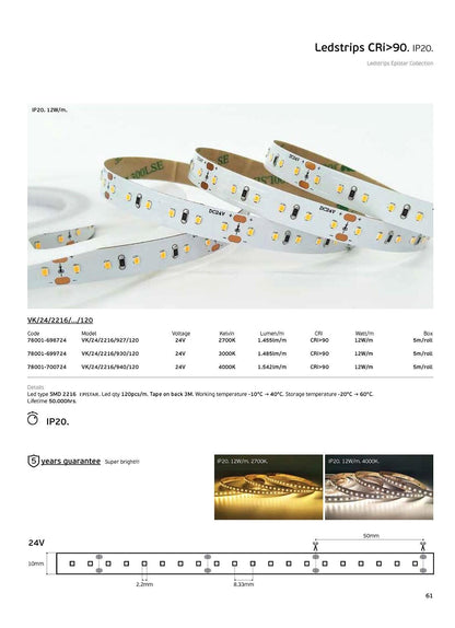 24V LED Strip CRI90 IP20 2700K (5m)