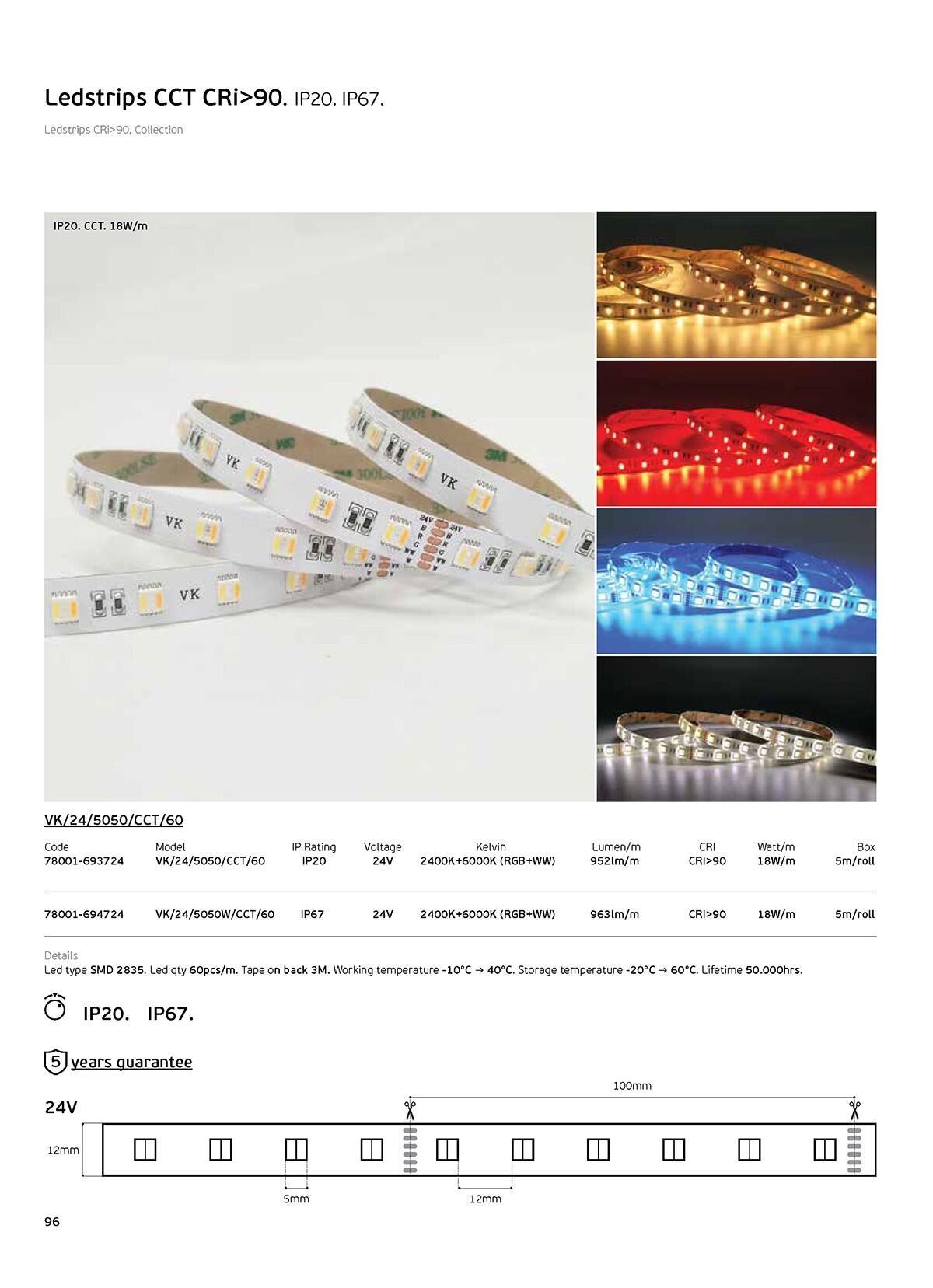 RGB+CCT LED Strip 24V 18W/m CRI90 IP20 2400K–6000K (5m)