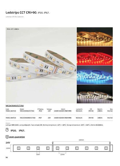 RGB+CCT LED Strip 24V 18W/m CRI90 IP20 2400K–6000K (5m)